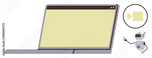 Online education, artificial intelligence, video conferencing, tech tutorials, virtual communication, automation. Laptop displaying a video icon with a robot pointing. Online education and artificial
