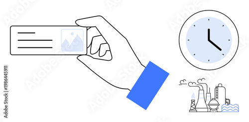 Identity verification, time management, industrial processes, manufacturing efficiency, pollution control, scheduling. A hand holds an ID card, a clock shows time a factory emits smoke. Identity