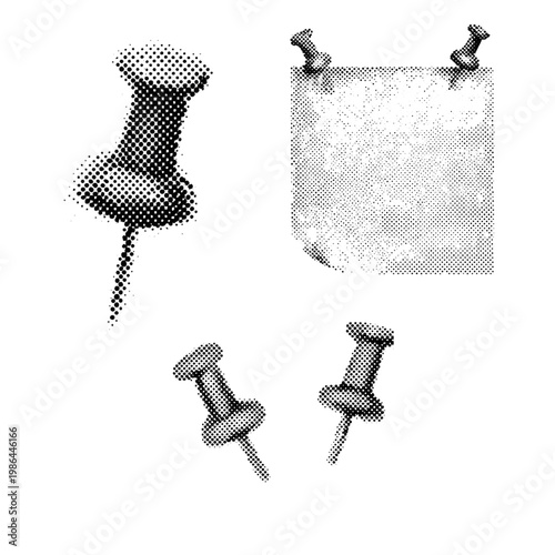 collection of Retro halftone illustration of a push pin. Photocopy texture. Perfect for school projects, office designs, scrapbooking elements, mixed media  