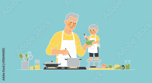 Man and child in the kitchen.