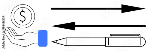Finance, transactions, trade, business, commerce, negotiation. Hand offering a coin, directional arrows and a pen. Finance and transactions concept highlighting movement and negotiation