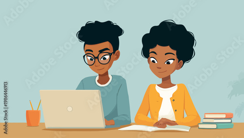 vector View on laptop with young afro american teacher on laptop and a young student 
