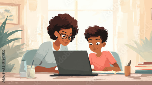 vector View on laptop with young afro american teacher on laptop and a young student 