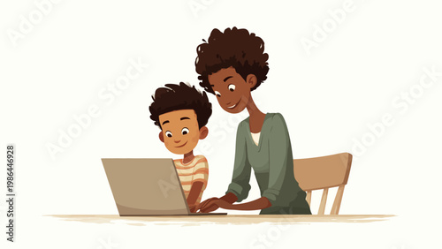 vector View on laptop with young afro american teacher on laptop and a young student 