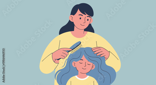 Woman styling girls long blue hair.