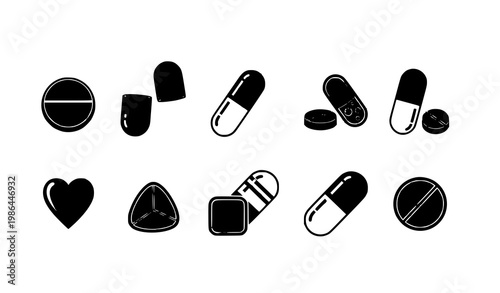 Black pills vector icon set with 12 medical tablet and capsule illustrations on white background