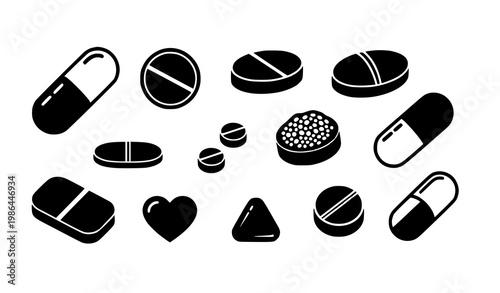 Black pills vector icon set with 12 medical tablet and capsule illustrations on white background