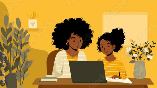 vector View on laptop with young afro american teacher on laptop and a young student 
