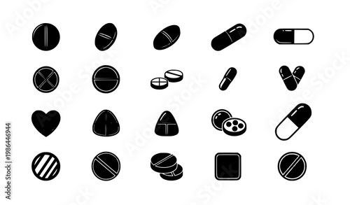 Black pills vector icon set with 15 unique tablet and capsule illustrations on white background