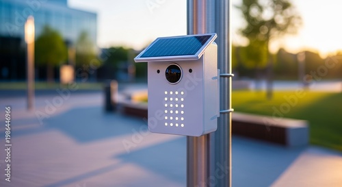 An innovative smart sensor box mounted on a sleek metal pole in a modern urban park, featuring integrated solar panels and glow indicators, integrated, network, sleek