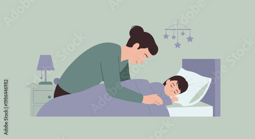 Woman Tucking in Sleeping Child.