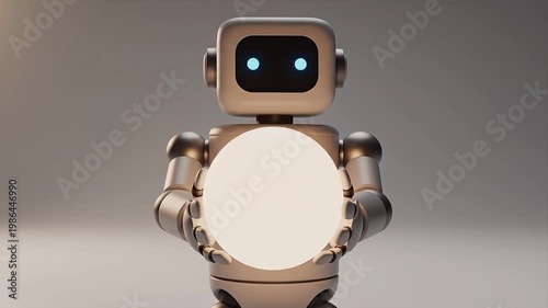 Robot character holds glowing sphere, showcasing light in minimalistic setting