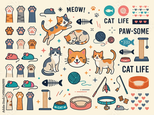 A comprehensive collection of cute cartoon cat illustrations, paws, toys, and accessories, depicting various aspects of feline life and play.