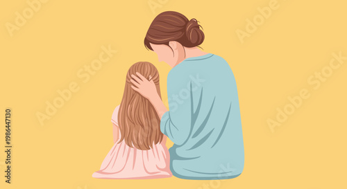 Woman comforting young girl sitting down.