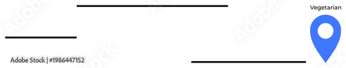 Navigation, dietary preferences, food location services, restaurant search, vegetarian options, minimalism. Blue location pin with vegetarian text on white space. Navigation and dietary preferences