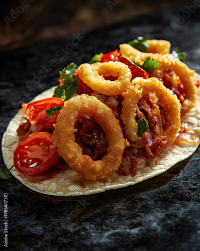 Bold commercial food image of a taco served with crispy onion rings on dark background