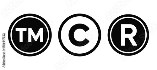 Registered trademark and copyright icons, vector set of legal symbol marks including R, TM, and copyright signs for branding protection, intellectual property, and business identity design