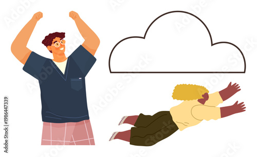 Team building, trust exercises, collaboration, leadership, community, teamwork. A man raising his hands and a participant falling backward with a cloud shape. Team building and trust exercises