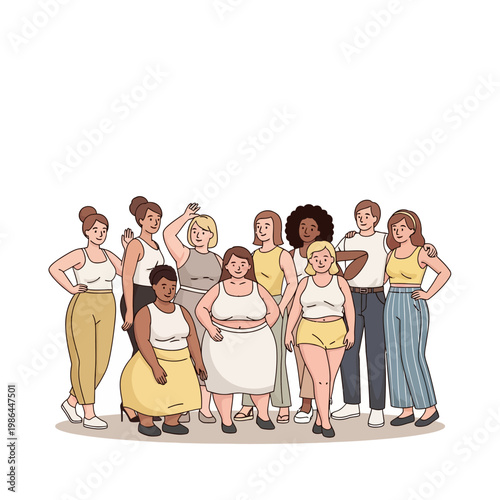 Diverse group of people with different body types, ethnicities, and heights standing together in a flat vector illustration style, representing body positivity and social inclusivity.
