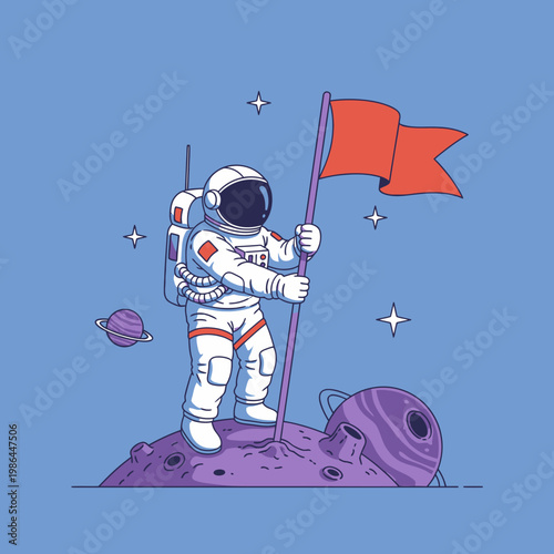 Vector illustration of an astronaut in a white spacesuit planting a red flag on a purple cratered planet surface with stars and distant planets in a blue background.