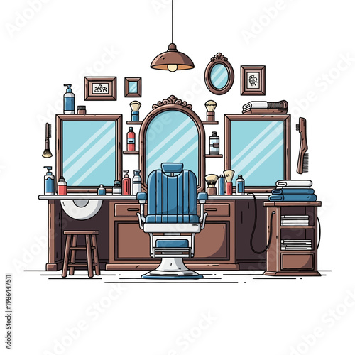 Vintage barbershop interior illustration with blue leather chair, wooden vanity, three mirrors, grooming tools, shaving brushes, lotion bottles, and framed art on white background.