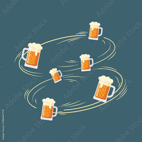 Vector illustration showing six beer mugs with foam spinning in a circular pattern with yellow motion lines on a dark teal blue background, depicting a party beverage concept.