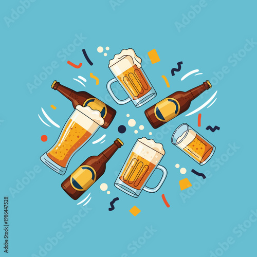 Flat vector illustration of a circular spinning arrangement of brown beer bottles, frothy glass mugs, and pilsner glasses with confetti and motion lines on a blue background.