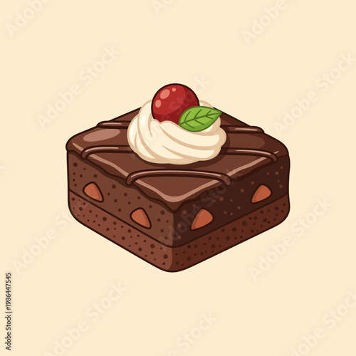 Vector illustration of a square chocolate brownie piece with chocolate drizzle frosting, containing nut pieces, topped with whipped cream, a red cherry, and a green mint leaf.