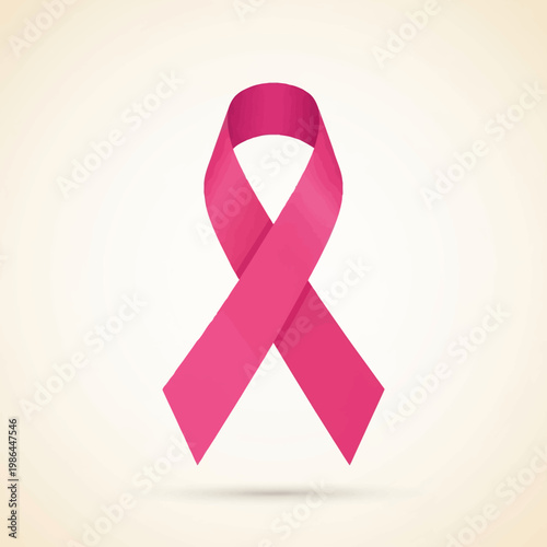 Single pink awareness ribbon symbol for breast cancer, women health, and medical support campaigns, isolated on a light beige gradient background with a soft shadow below.