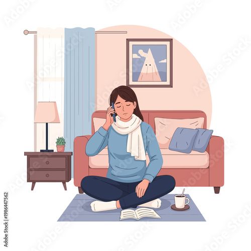 Vector illustration of an unwell woman wearing a scarf and socks, sitting cross-legged on a rug and talking on a smartphone to call in sick from home in a cozy living room setting.