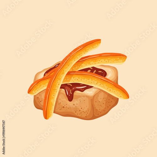 Illustration of a square cake or pastry topped with dark jam or chocolate glaze and garnished with long strips of candied orange peel, isolated on a solid cream background.