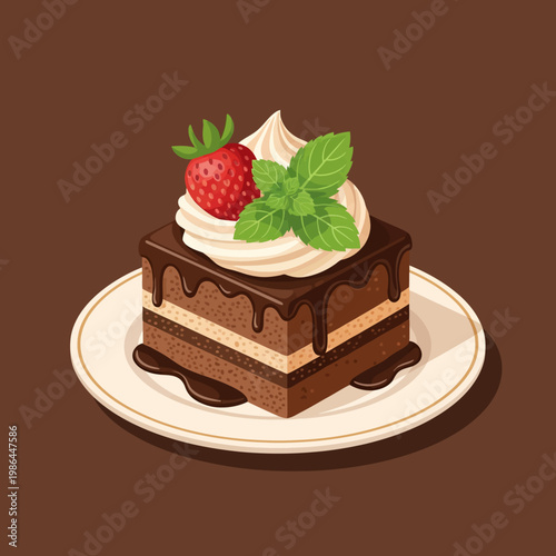 Square chocolate layer cake vector illustration with dark chocolate glaze, white whipped cream topping, fresh red strawberry, and green mint leaves on a plate with gold trim.