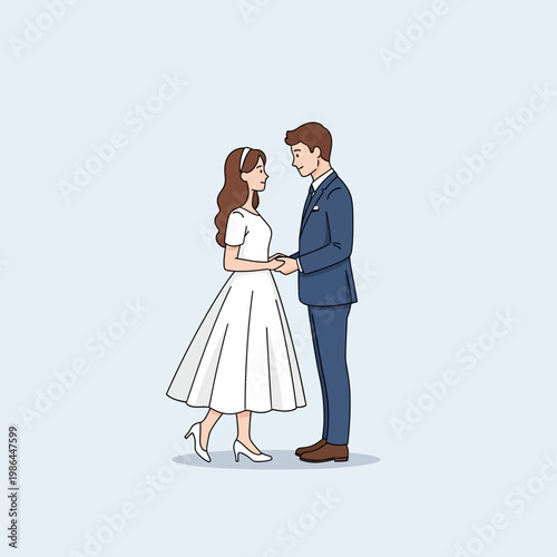 Minimalist illustration of a bride in a white vintage-style midi dress and a groom in a navy blue suit holding hands and looking at each other on a plain light blue background.