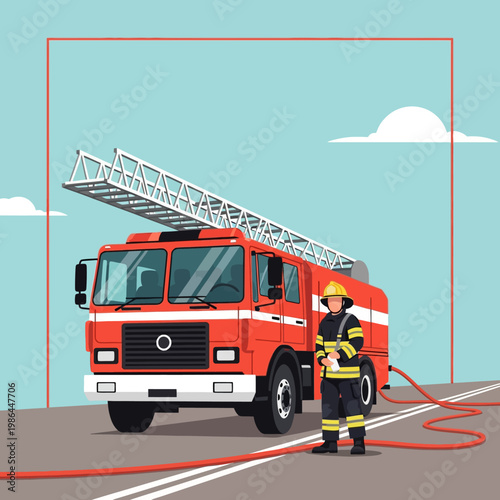 Vector illustration of a red fire truck with an aerial ladder and a firefighter in uniform standing on the asphalt with red fire hoses under a blue sky with white clouds.