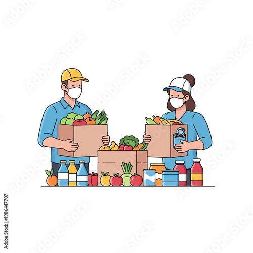 Flat vector illustration of male and female volunteers wearing face masks and caps while holding cardboard boxes with fresh produce and groceries for food bank donation charity.
