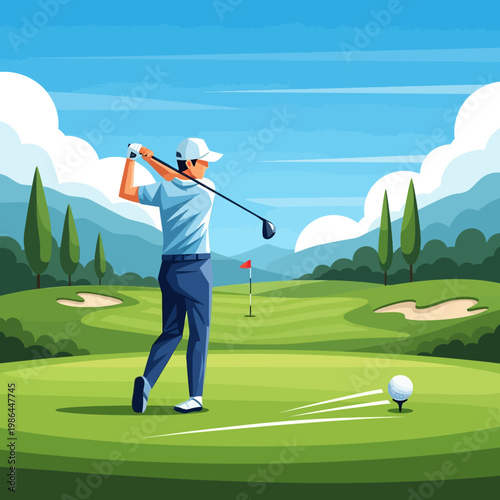 Vector illustration of a male golfer swinging a club on a scenic green golf course with bunkers, trees, and hills under a blue sky with white clouds and a golf ball on a tee.