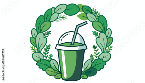 Green smoothie with leafy wreath logo.