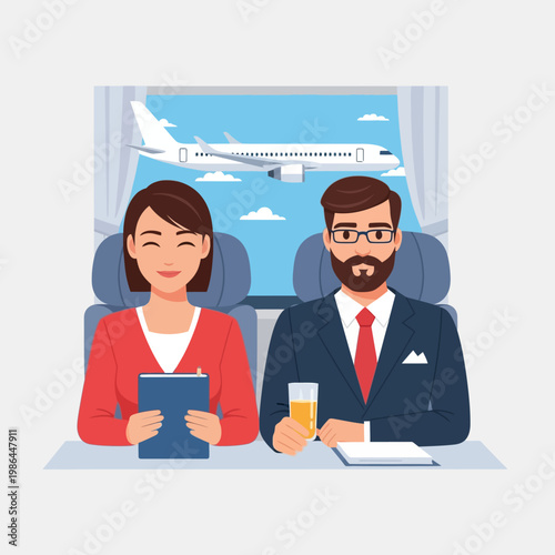 Vector illustration of a professional man in a suit and a woman in a red top sitting in airplane cabin seats with a window view of another aircraft flying in the blue sky.