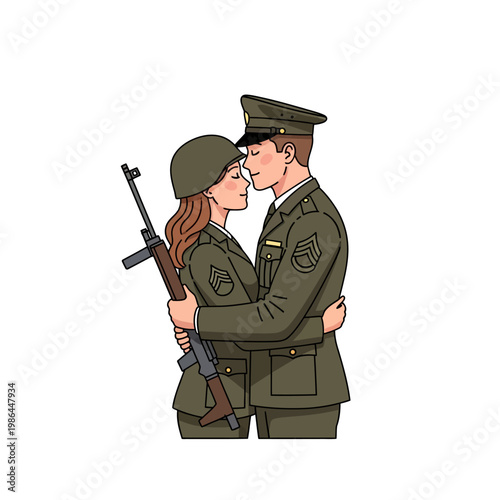Flat vector illustration of a military couple, a man and a woman in olive green uniforms and hats, embracing with eyes closed, woman holding a rifle, isolated on white background.