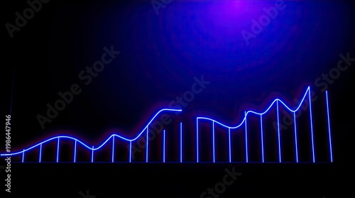 Moody Silhouette Futuristic Business Growth Graph Background with Neon Fintech Interface and Backlighting