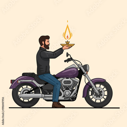 Vector illustration of a bearded man in a leather jacket sitting on a purple cruiser motorcycle, holding a golden flaming ritual lamp for a spiritual blessing ceremony.