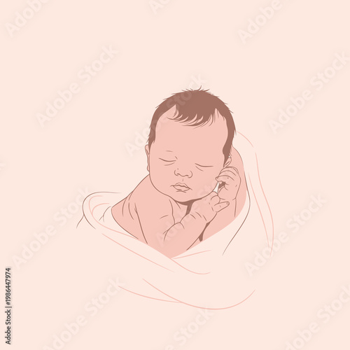 Realistic vector illustration of a sleeping newborn baby with brown hair and rosy cheeks, wrapped in a white swaddle blanket, centered on a soft pastel pink background.