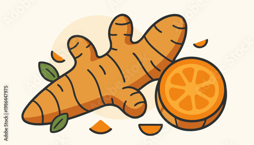 Turmeric root and orange slices illustration.
