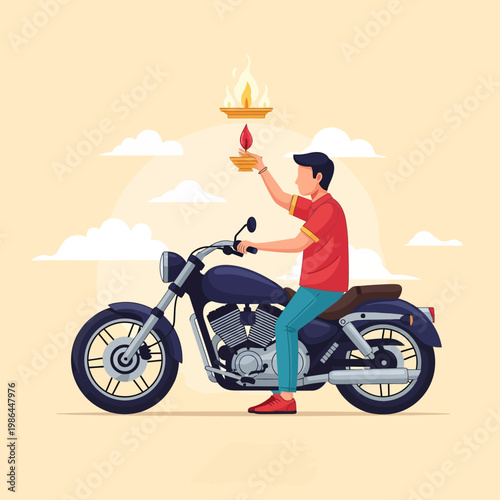 Flat vector illustration of a man in a red shirt sitting on a dark blue cruiser motorcycle performing a traditional ritual blessing with a lit oil lamp diya against a cream sky background.
