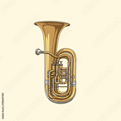 Detailed vector illustration of a gold brass tuba musical instrument with a large bell and mouthpiece isolated on a plain background, perfect for orchestra and symphony concepts.
