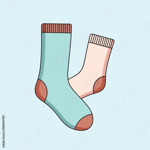 Illustration of two cotton socks, one mint green and one light pink, with brown heel and toe accents, isolated on a light blue background for apparel and fashion concepts.