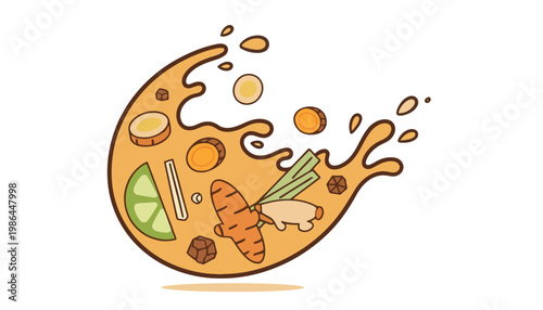 A vibrant illustration of a soup bowl with various ingredients.