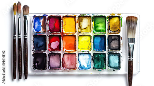 Transparent rectangular plastic paint palette filled with bold colors