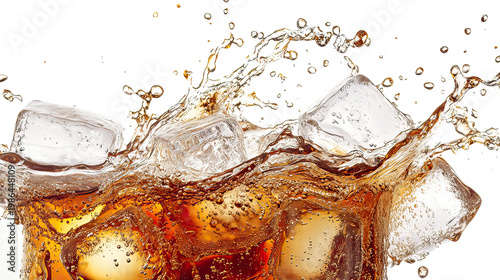 Transparent ice cubes colliding with cola splash wave sparkling
