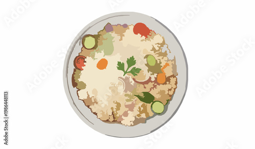 Couscous bowl top view hand drawn realistic watercolor illustration with grains and garnish isolated on white background